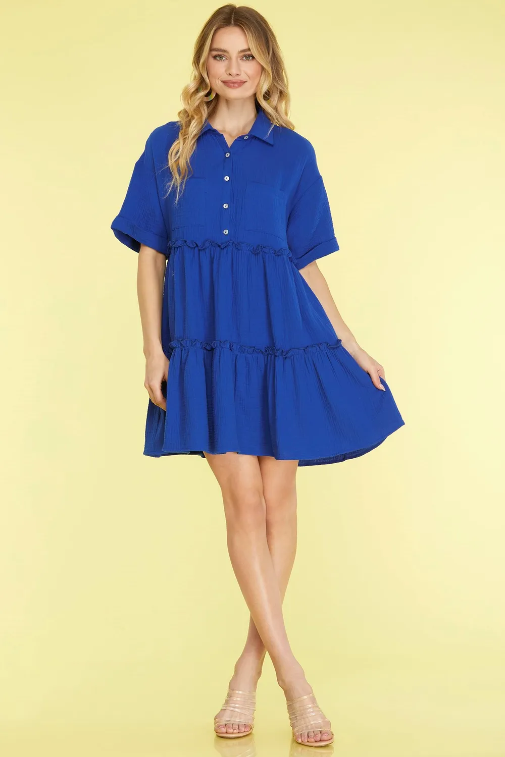 Full Size Button Front Frill Tiered Mini Dress Plus Size