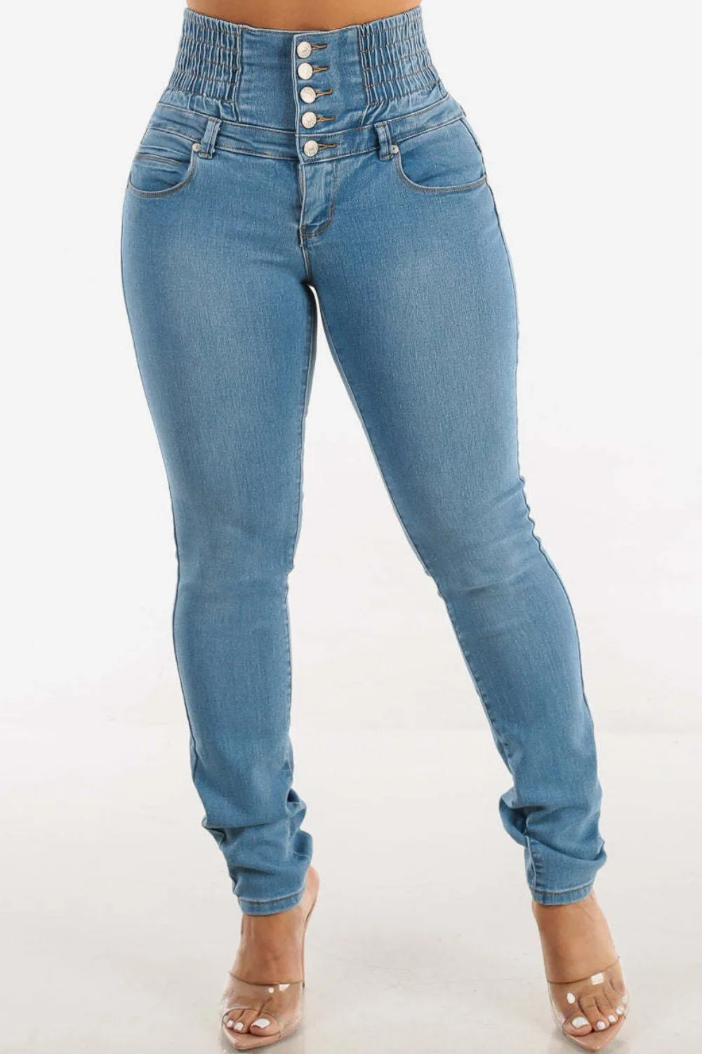 High Waist Buttoned Skinny Hip Lifting Jeans, image 4