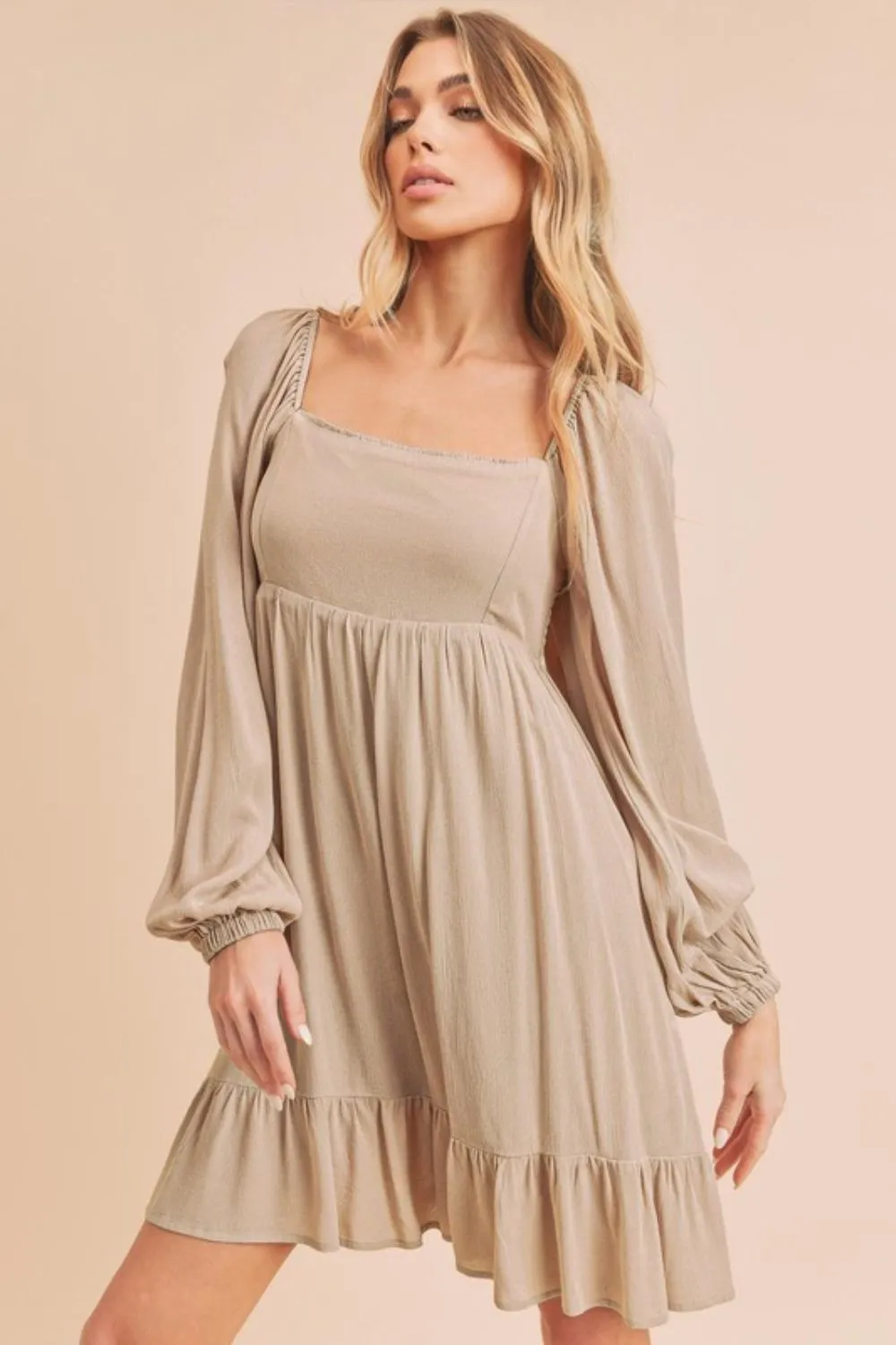 Ruffled Hem Square Neck Balloon Sleeve Mini Dress, image 3