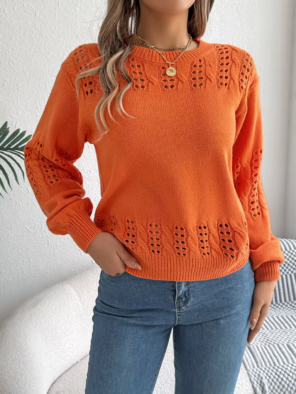 Hollow Out Eyelet Long Sleeve Sweater, image 5