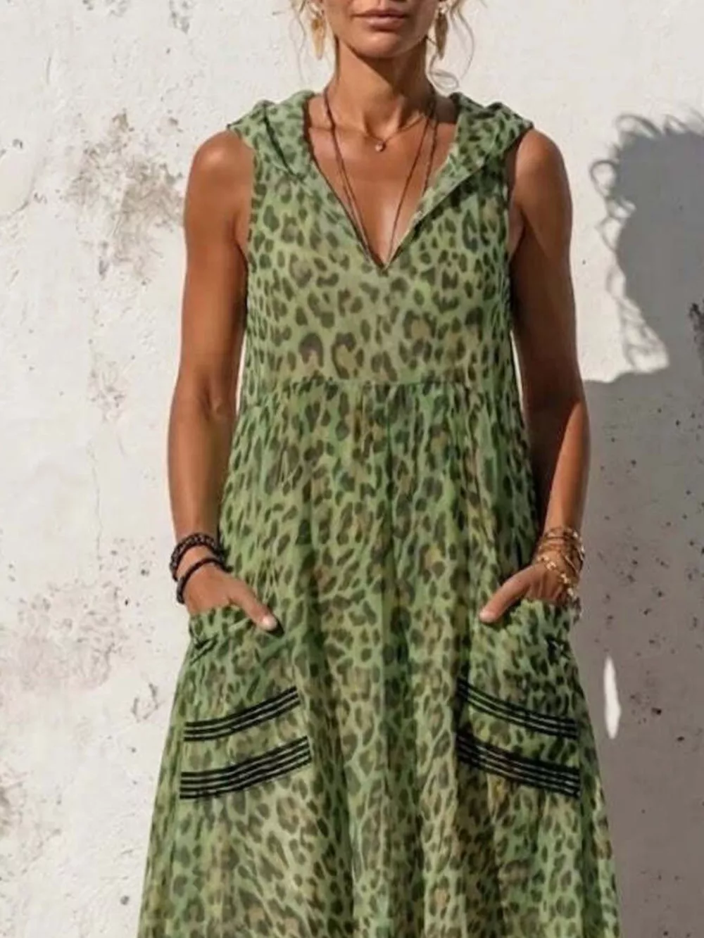 Full Size Sleeveless Hooded Leopard Print Maxi Dress with Pockets Plus Size, image 4