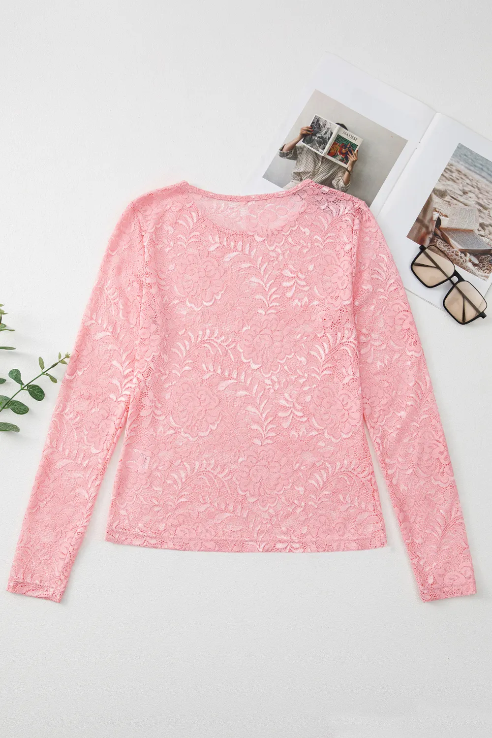 Lace Flower Round Neck Long Sleeve Top, image 2