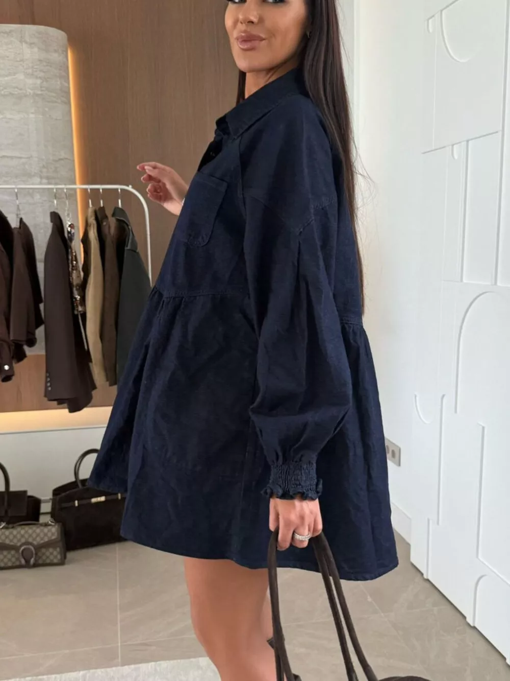 Button Down Mini Denim Dress with Front Pockets, image 2