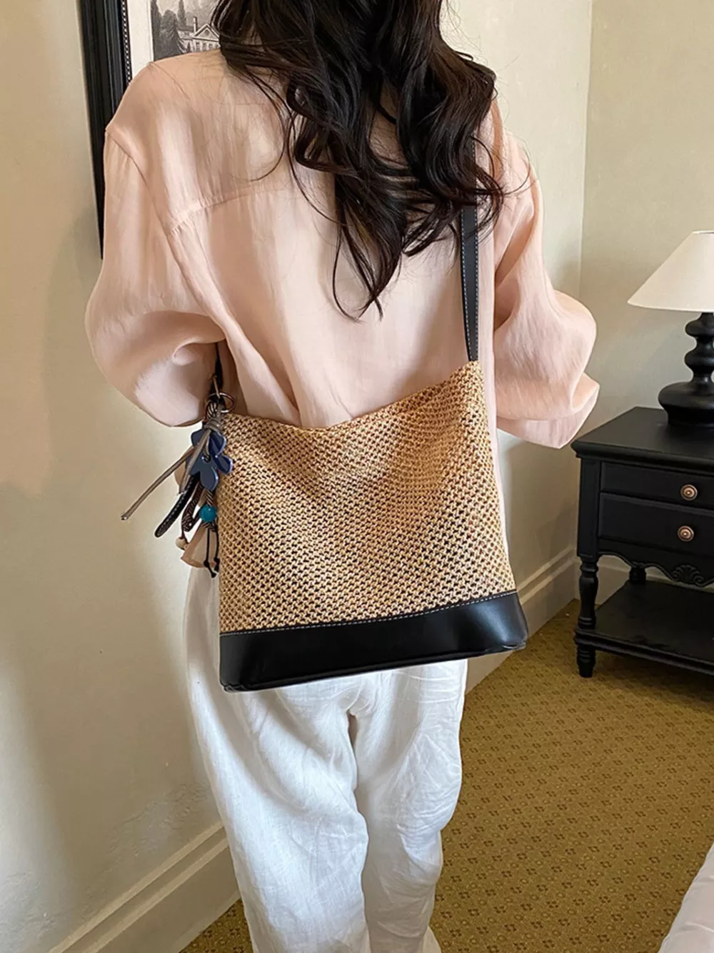 Leather Trim Woven Shoulder Bag, image 9