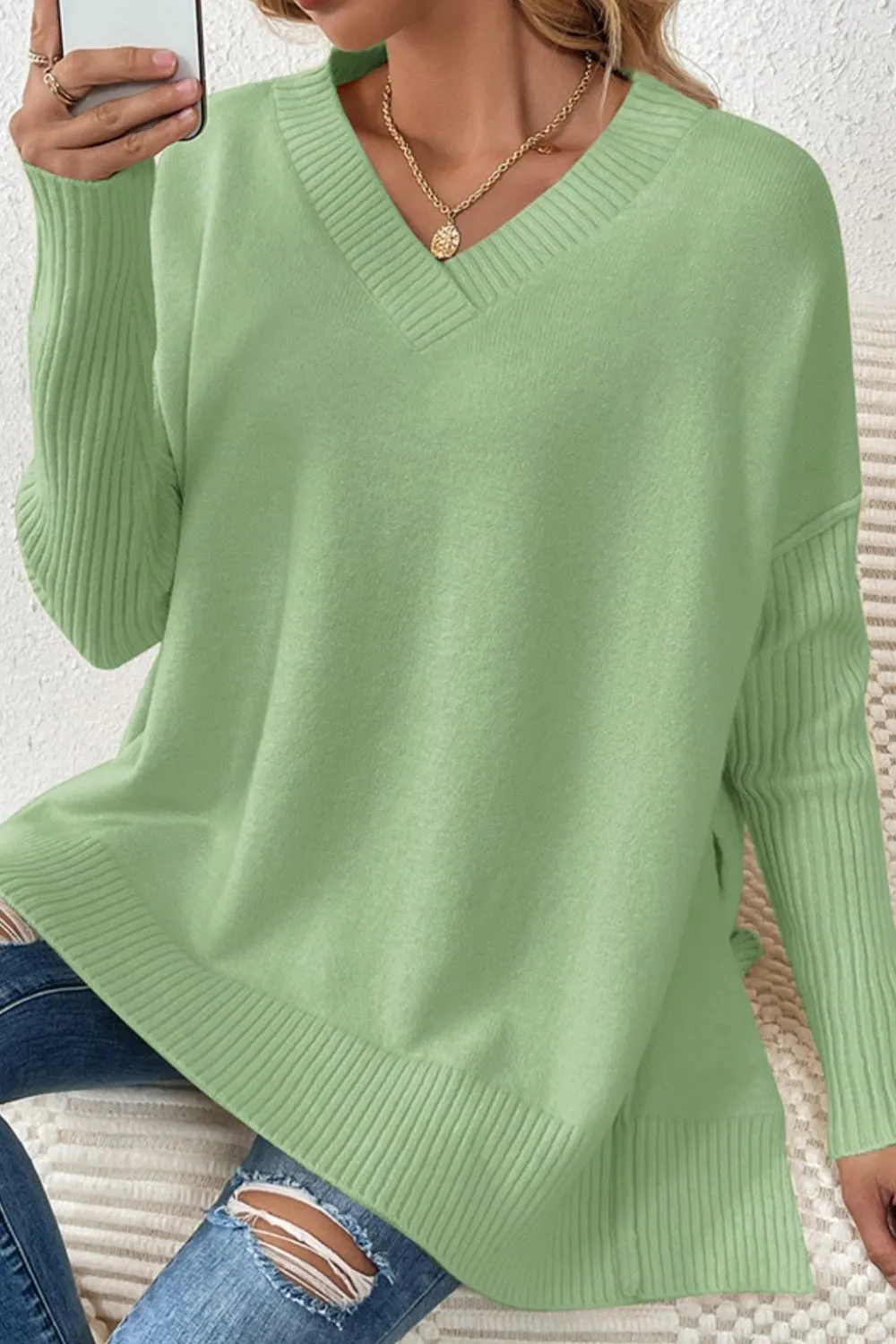 Slit V-Neck Dropped Shoulder Sweater, image 11