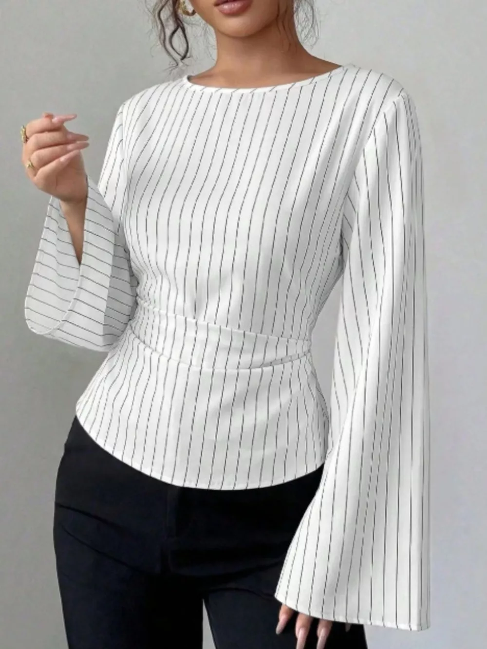 Elegant Pinstriped Bell Sleeve Blouse with Back Lace Up, image 6