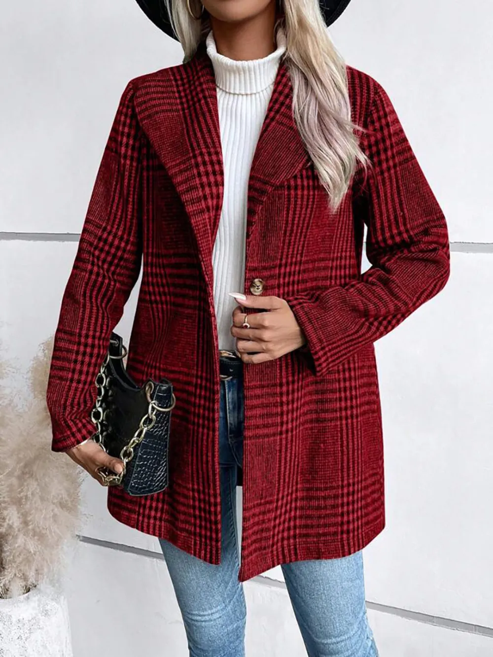 Plaid Collared Neck Long Sleeve Jacket, image 2