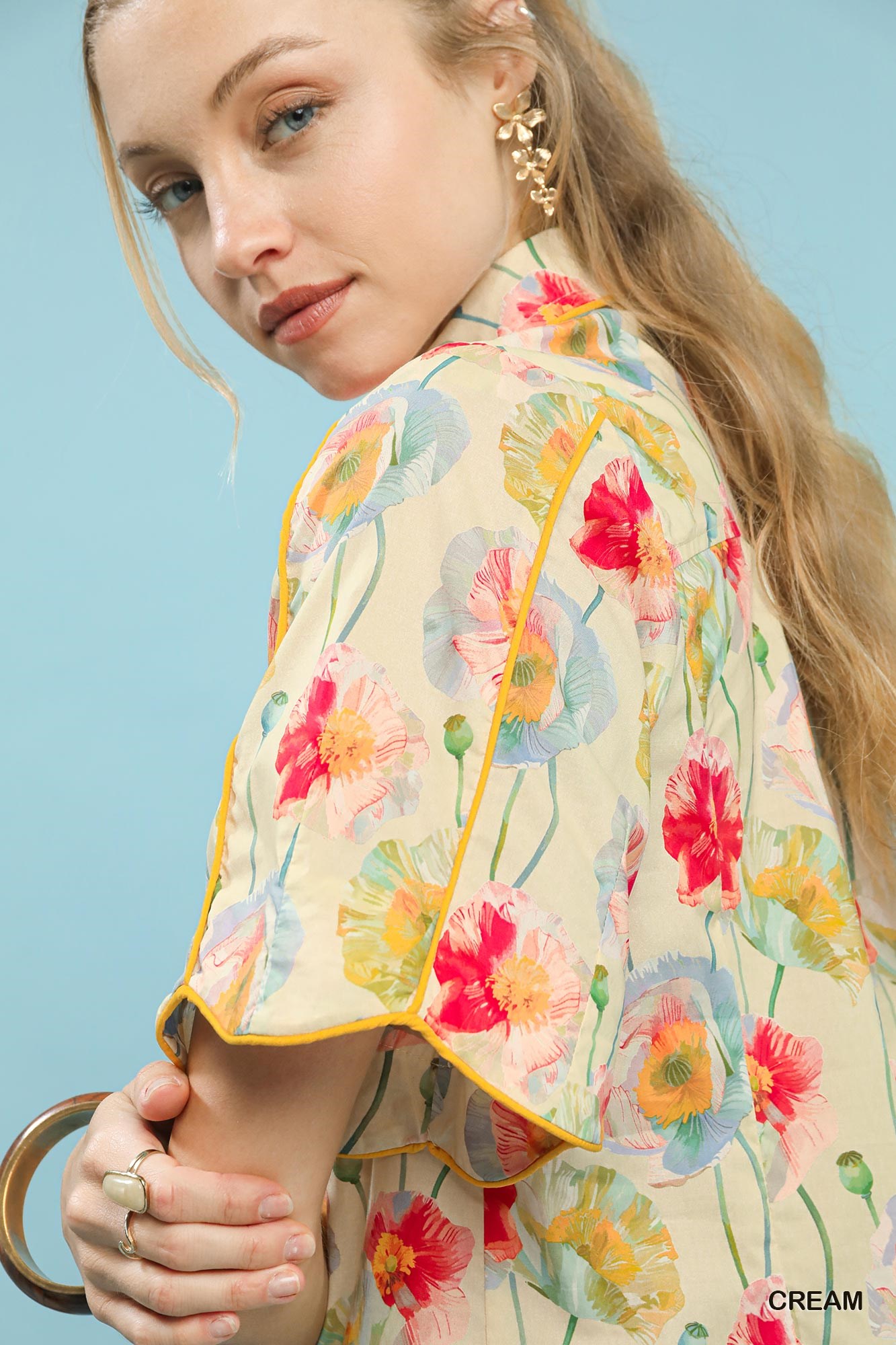 Floral Print Button-Down Blouse with Flutter Sleeves, image 2