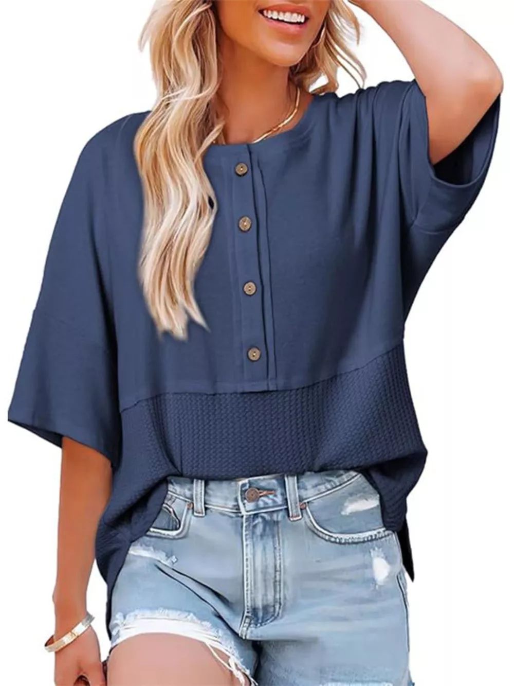 Button Detail Texture Knit T-Shirt, image 4