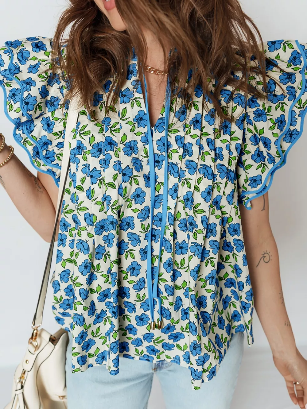 Floral Print Ruffle Sleeve Tie Neck Blouse, image 3