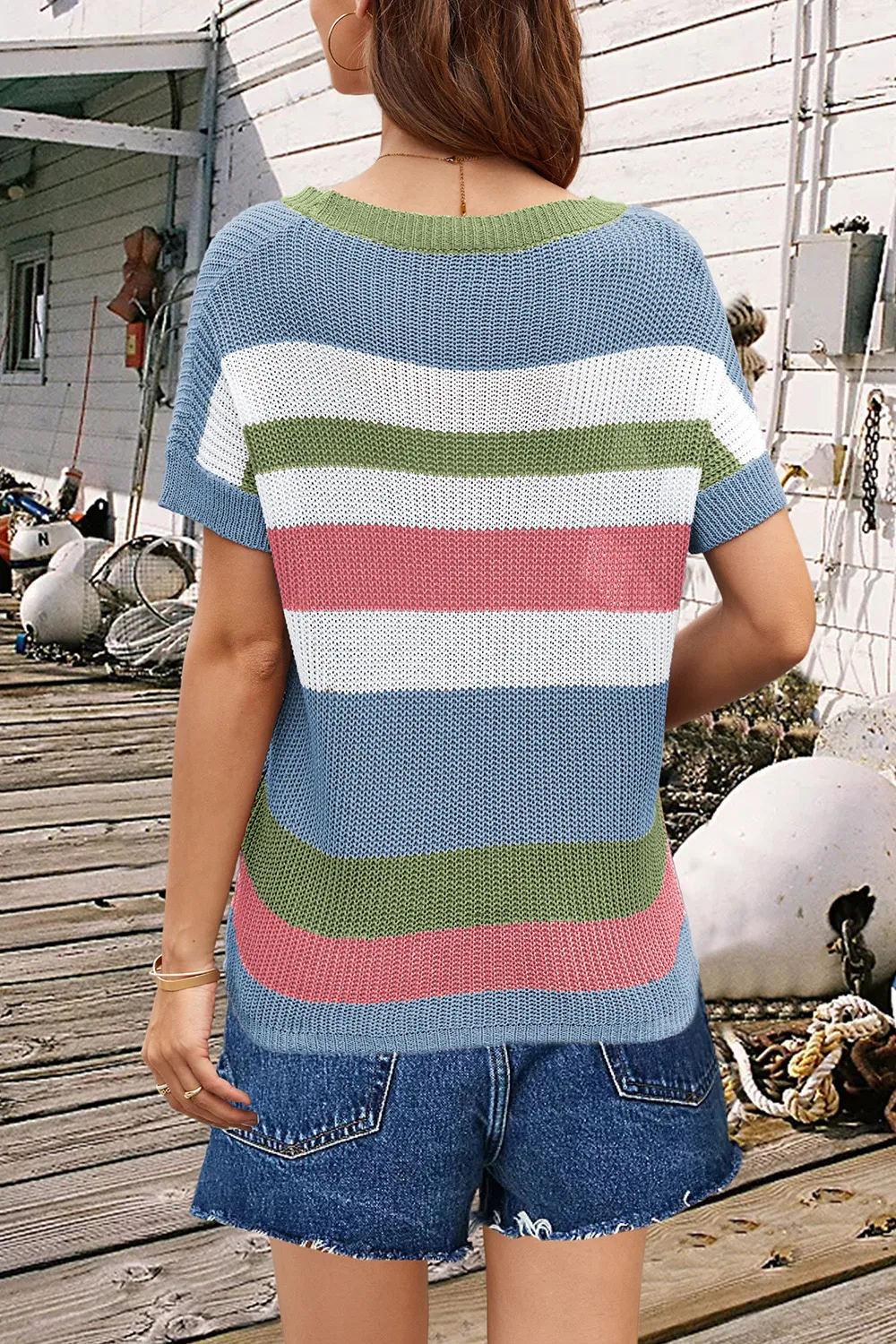 Striped Round Neck Short Sleeve Knit Top, image 3