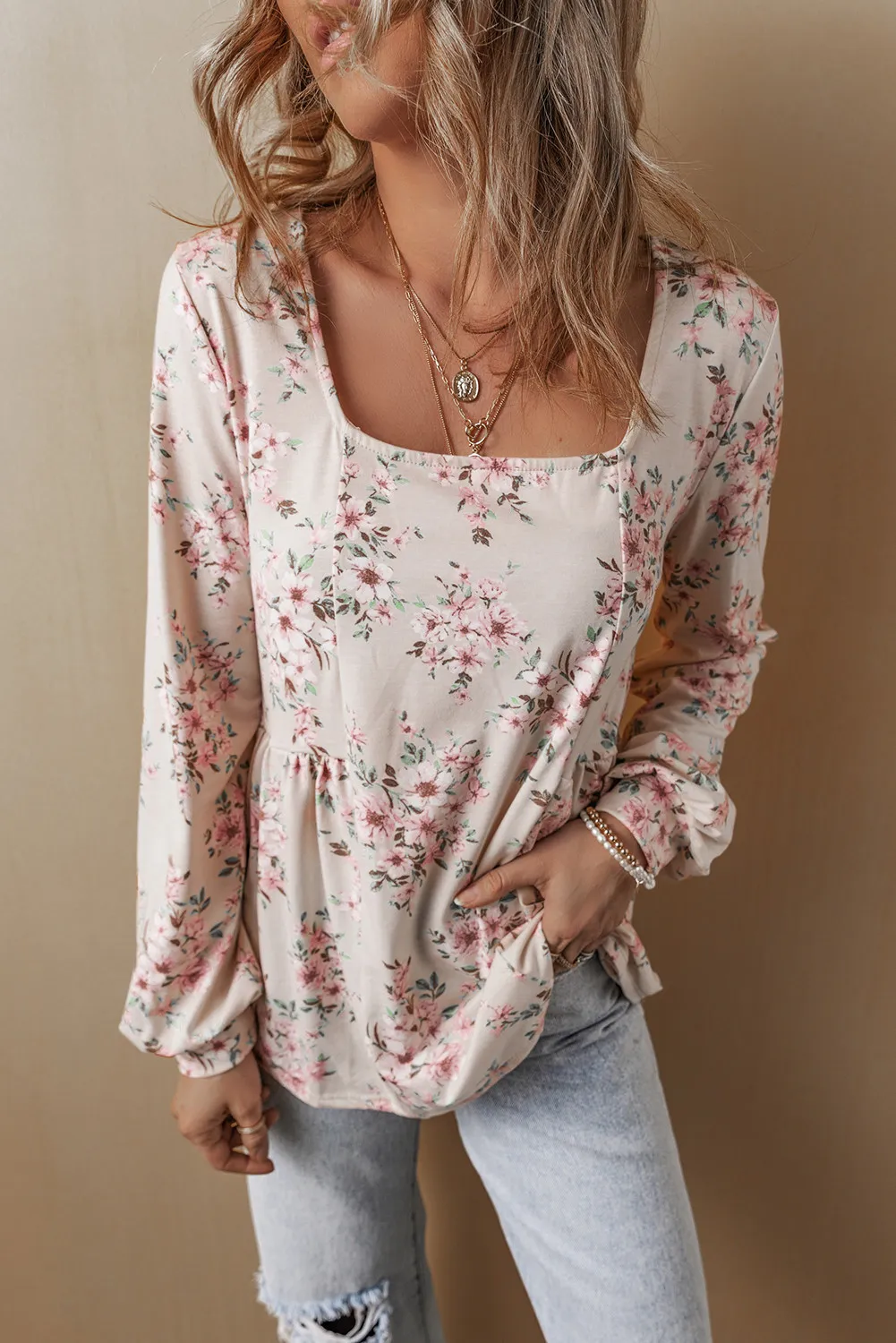 Printed Square Neck Long Sleeve Blouse, image 3