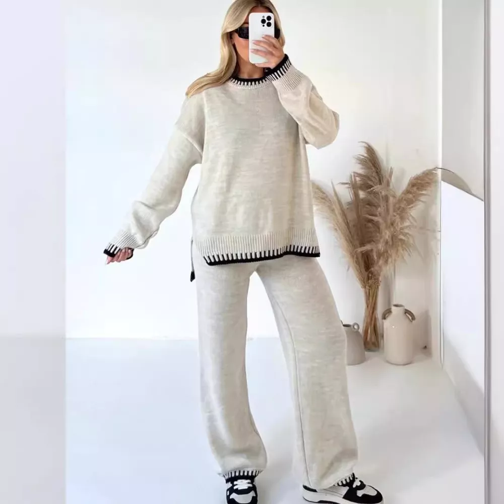 Contrast Trim Round Neck Top and Pants Sweater Set, image 10