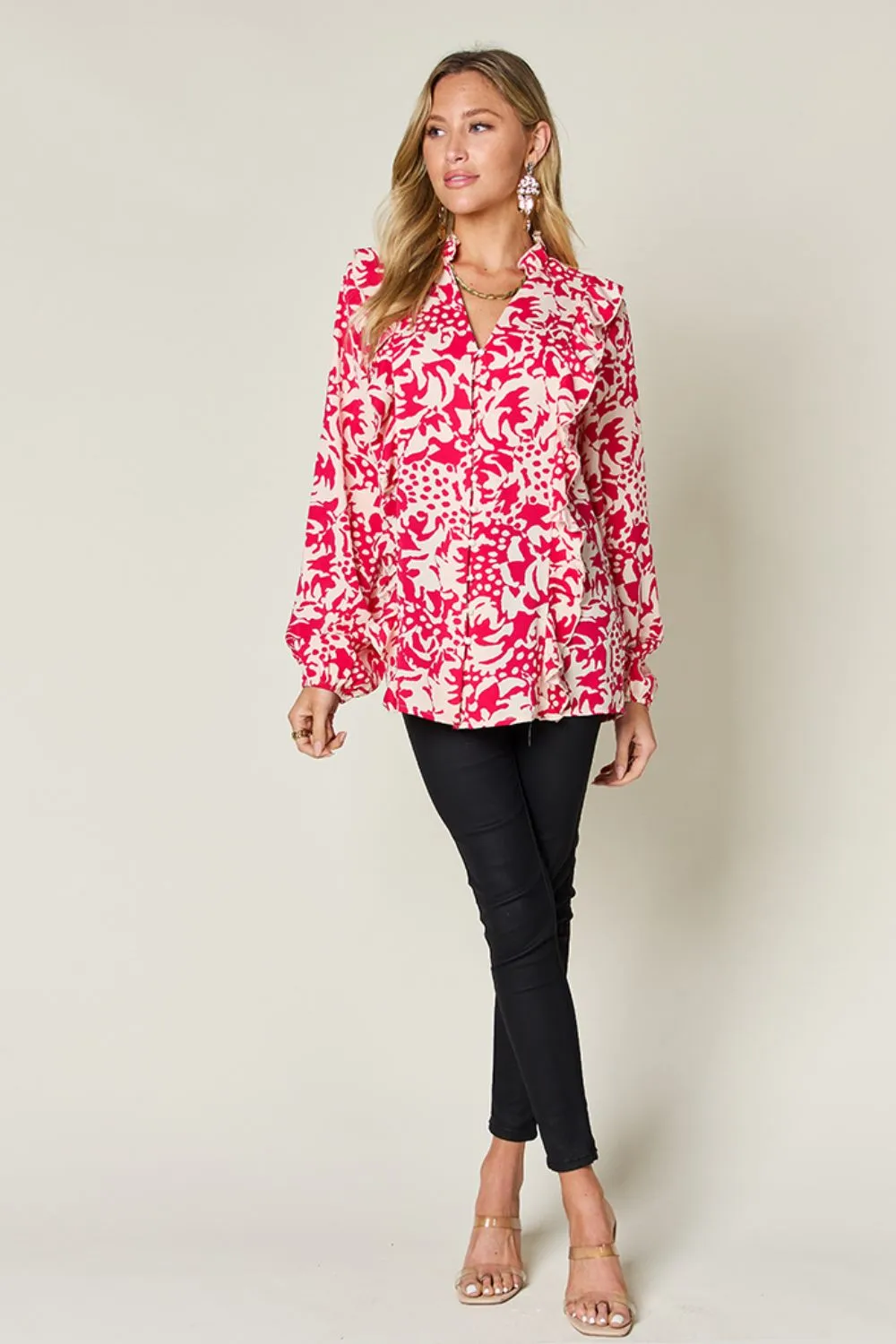 Full Size Printed Ruffle Trim Balloon Sleeve Shirt, image 22