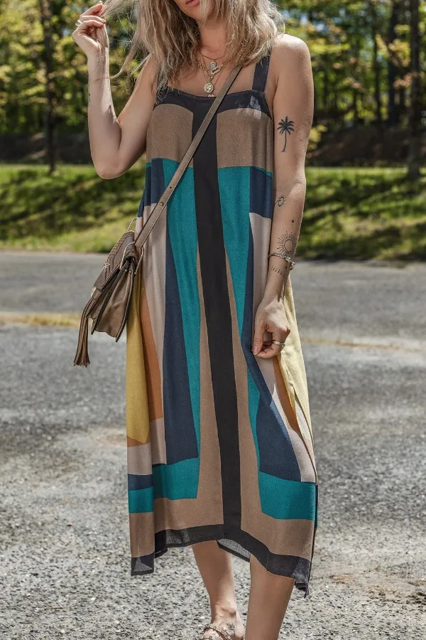 Color Block Square Neck Wide Strap Dress, image 2