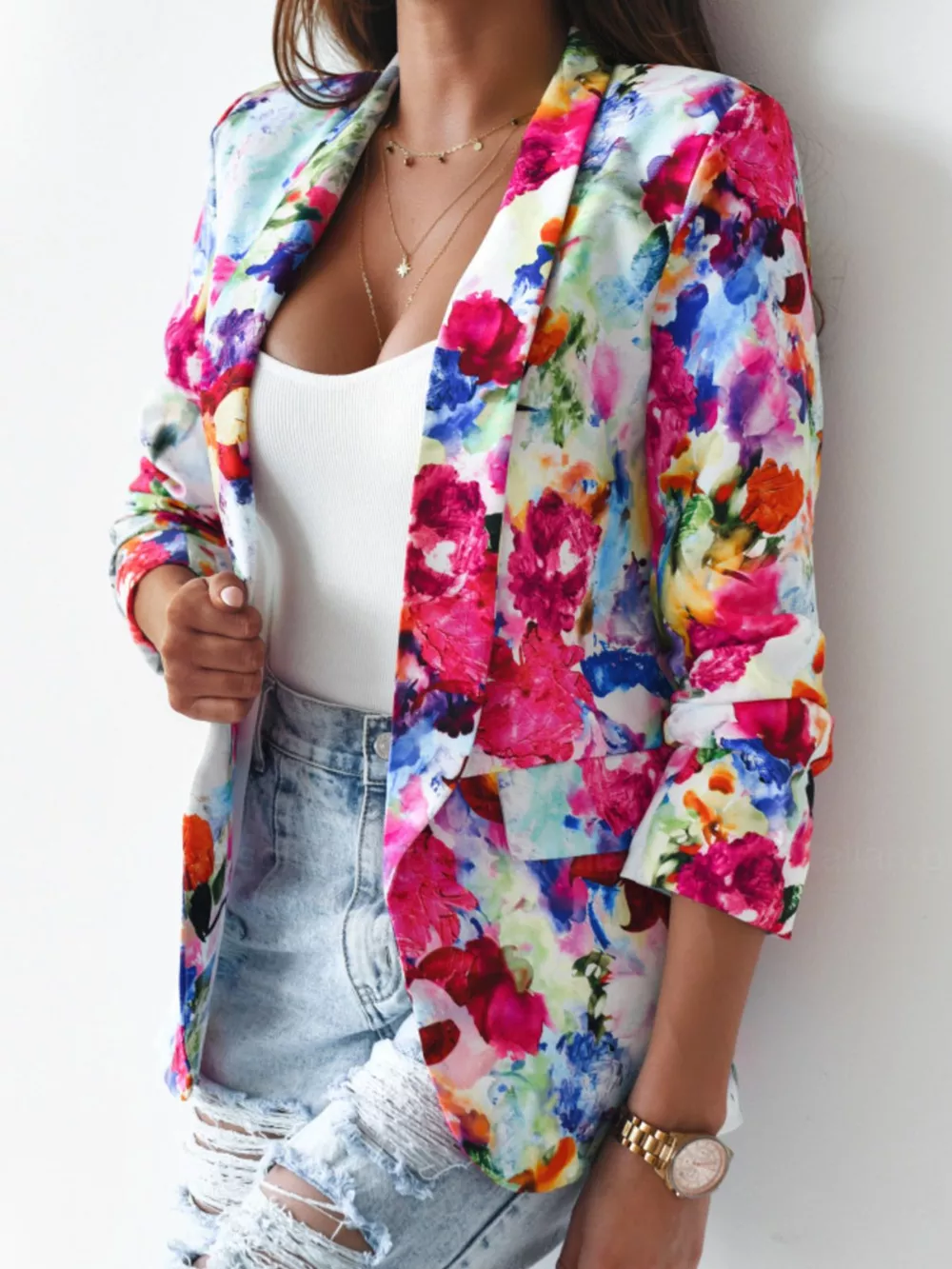 Vibrant Floral Print Open Front Blazer, image 12