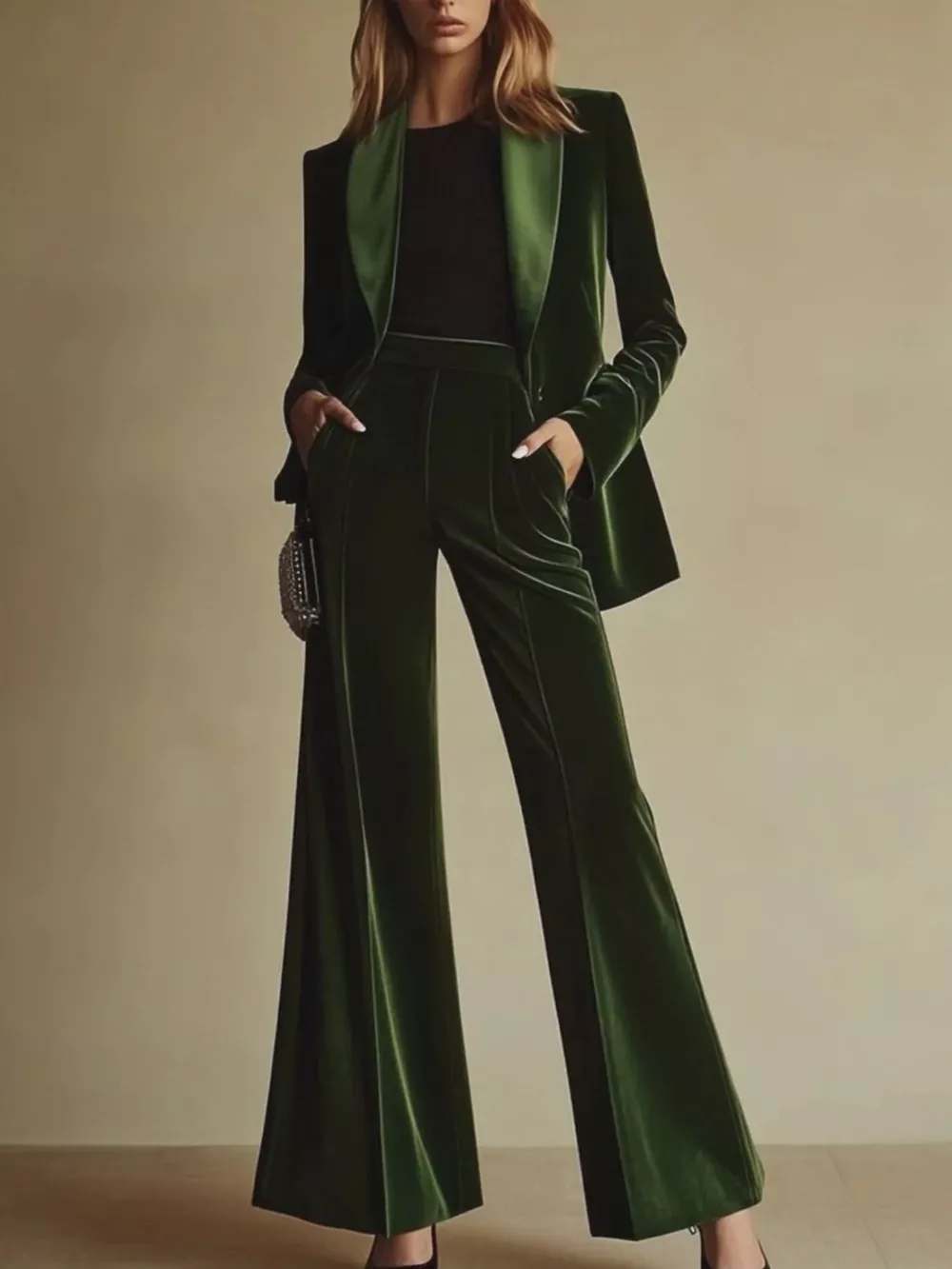 Velvet Blazer and Wide-Leg Pants Set, image 2