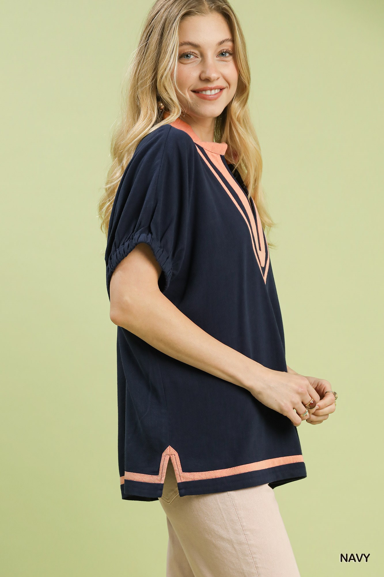 Linen Contrast Trim V-Neck Blouse, image 2
