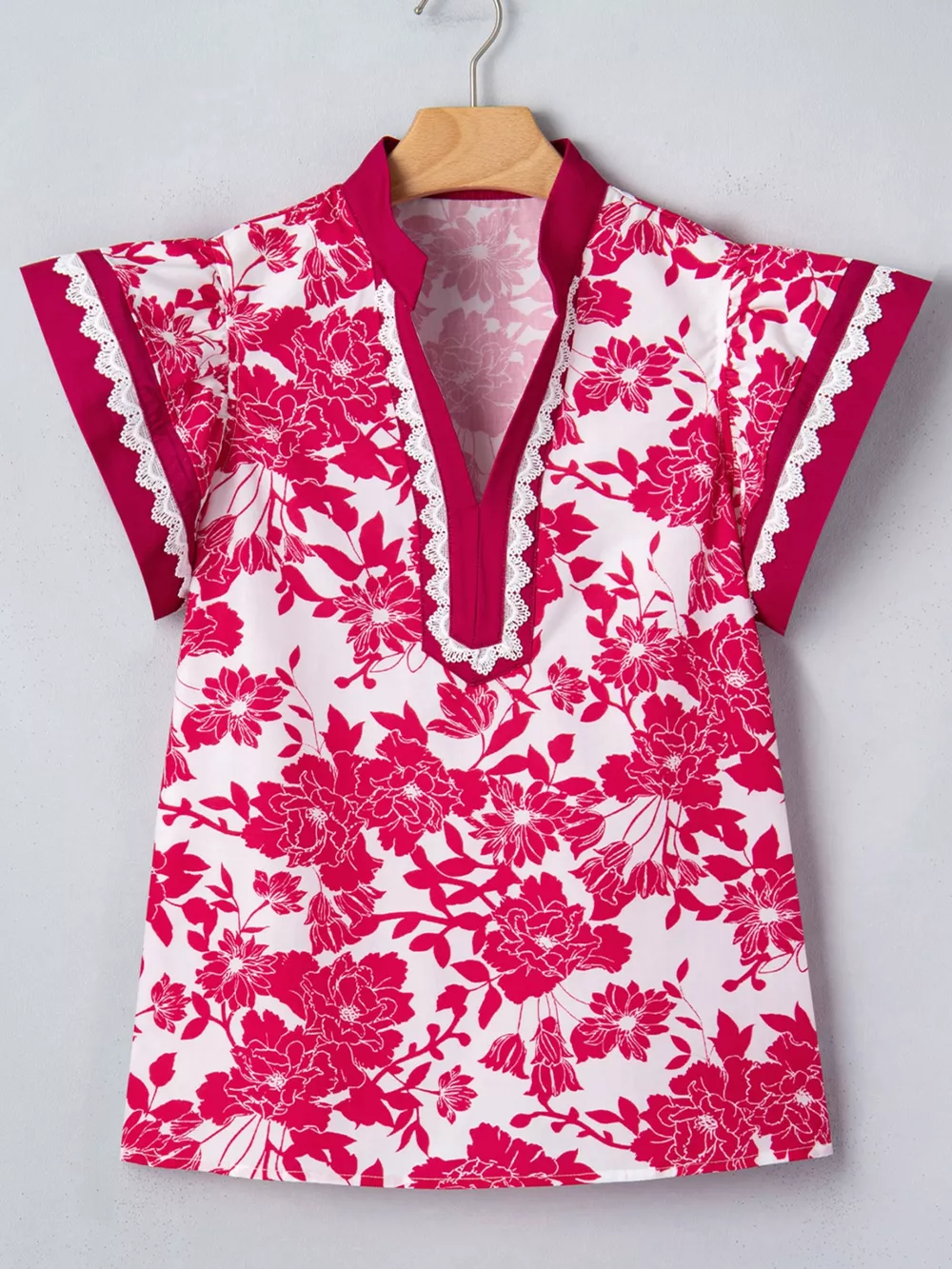 Floral Print Color Block Trim Lace Detail V Neck Flutter Sleeve Blouse, image 5
