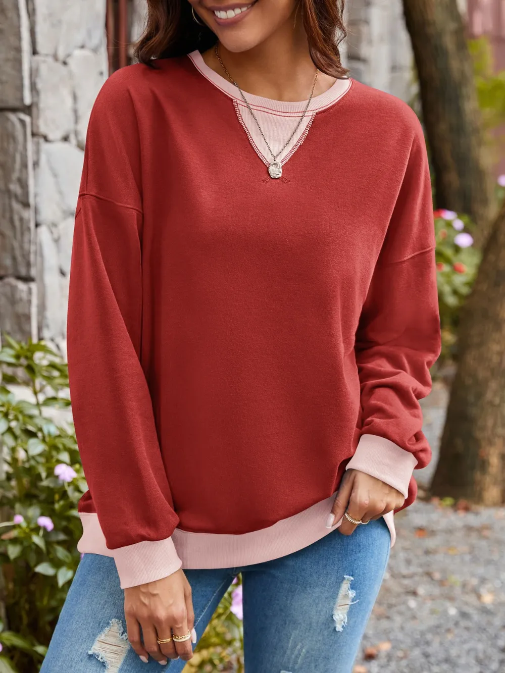 Contrast Round Neck Long Sleeve Sweatshirt, image 33