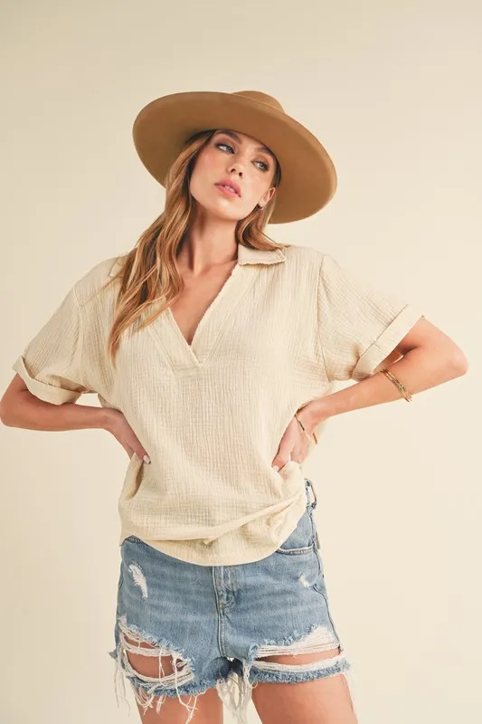 Side Slit Johnny Collar Short Sleeve Cotton Gauze Blouse, image 2