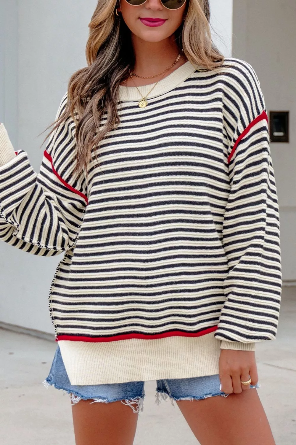 Stripe Ribbed Trim Drop Shoulder Oversized Sweater, image 2