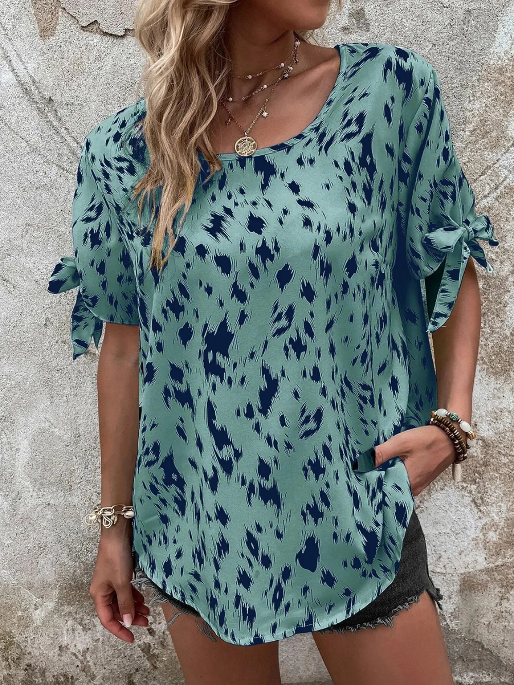 Tied Printed Boat Neck Blouse, image 5
