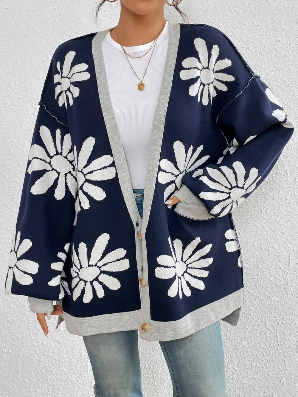 Contrast Dropped Shoulder Long Sleeve Cardigan, image 5