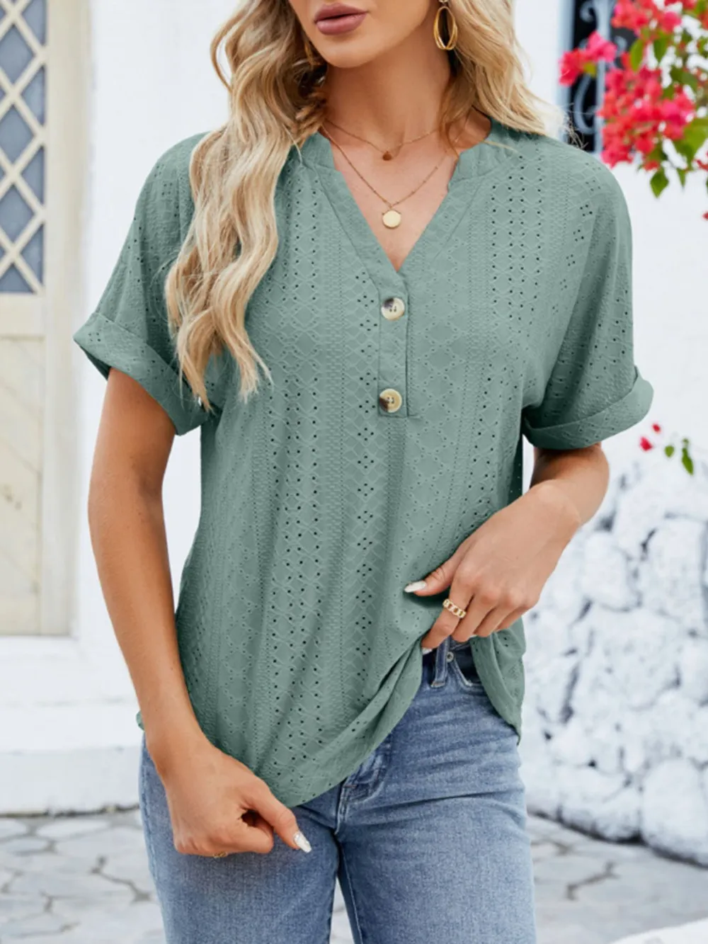 Eyelet Notched Short Sleeve Blouse, image 2