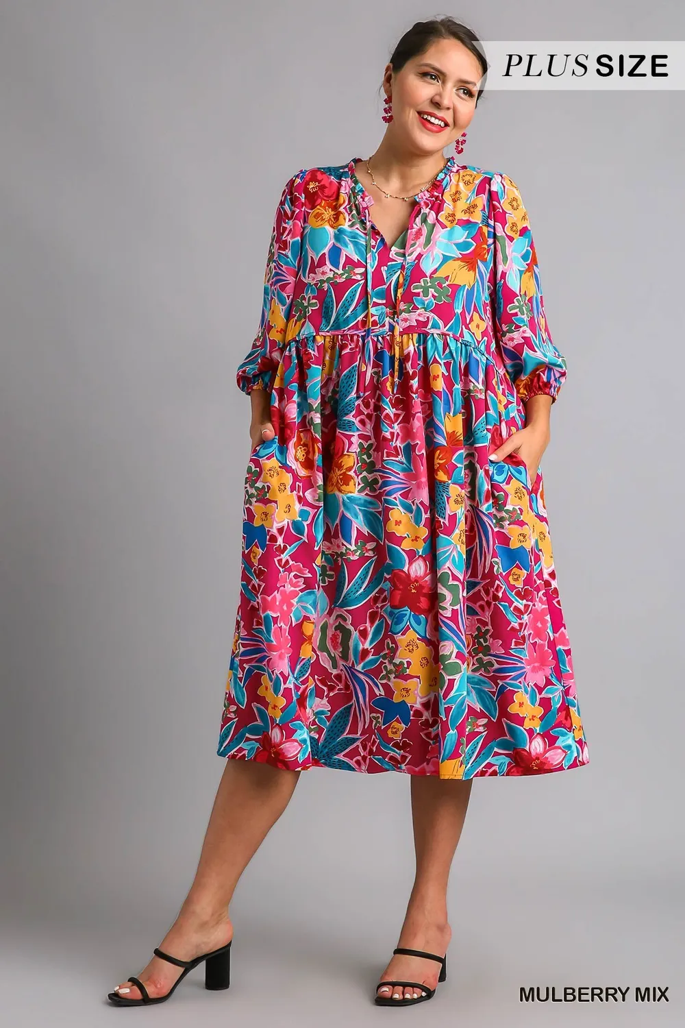 Full Size Floral Print Tie Neck Midi Dress with Pockets Plus Size, image 2
