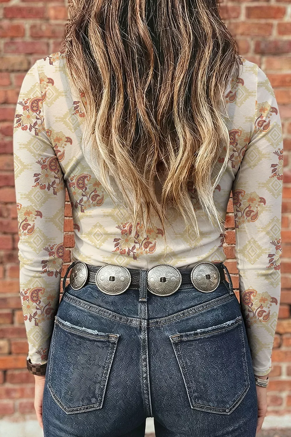 Floral Print Mock Neck Long Sleeve Slim Fit Top, image 2