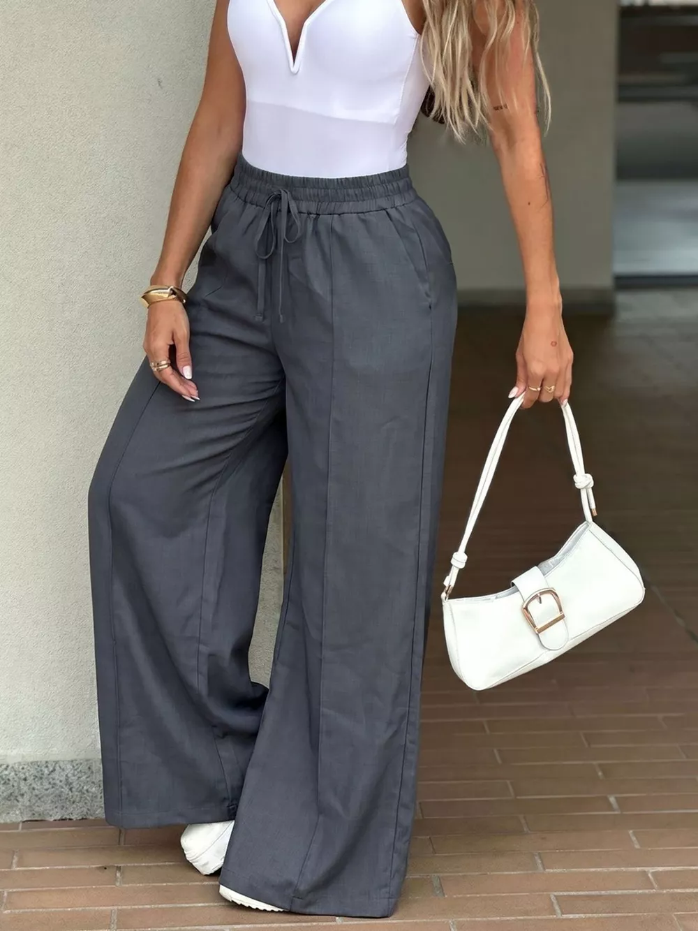 High-Waisted Wide-Leg Drawstring Pants, image 4