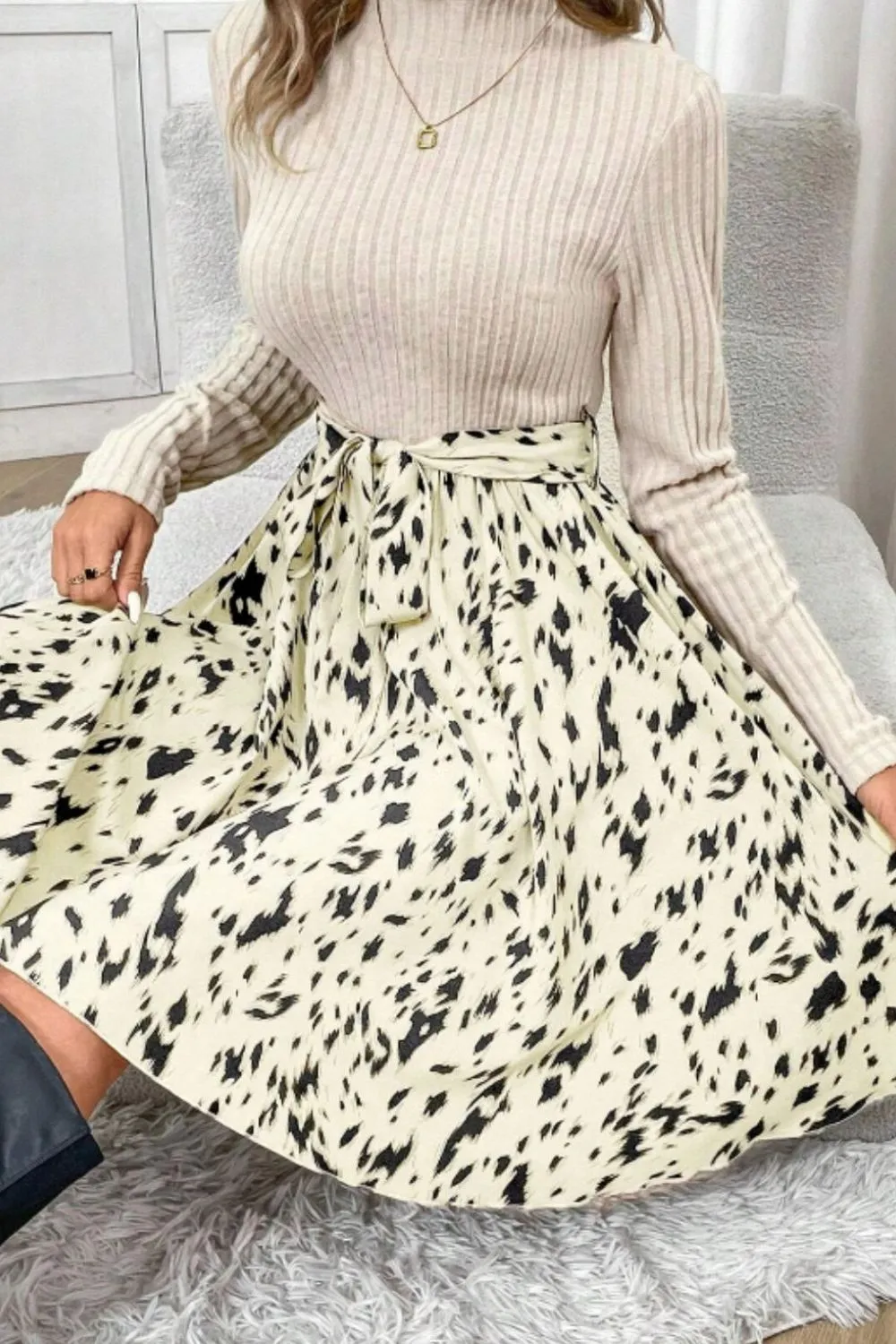 Printed Tie Waist Mock Neck Long Sleeve Dress, image 2