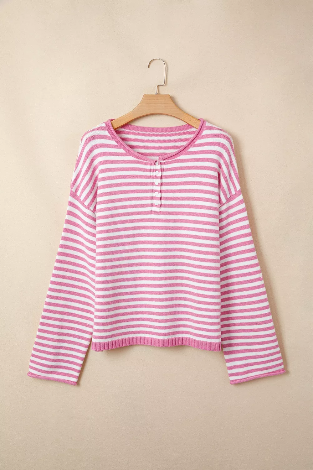 Striped Button Placket Drop Shoulder Long Sleeve Sweater, image 6