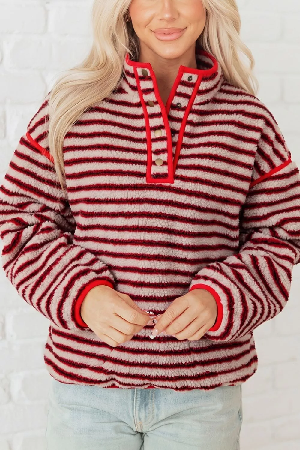 Striped Fuzzy Colorblock Button Placket Sweatshirt, image 2