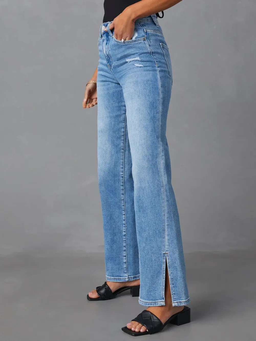 Slit Buttoned Jeans with Pockets, image 5