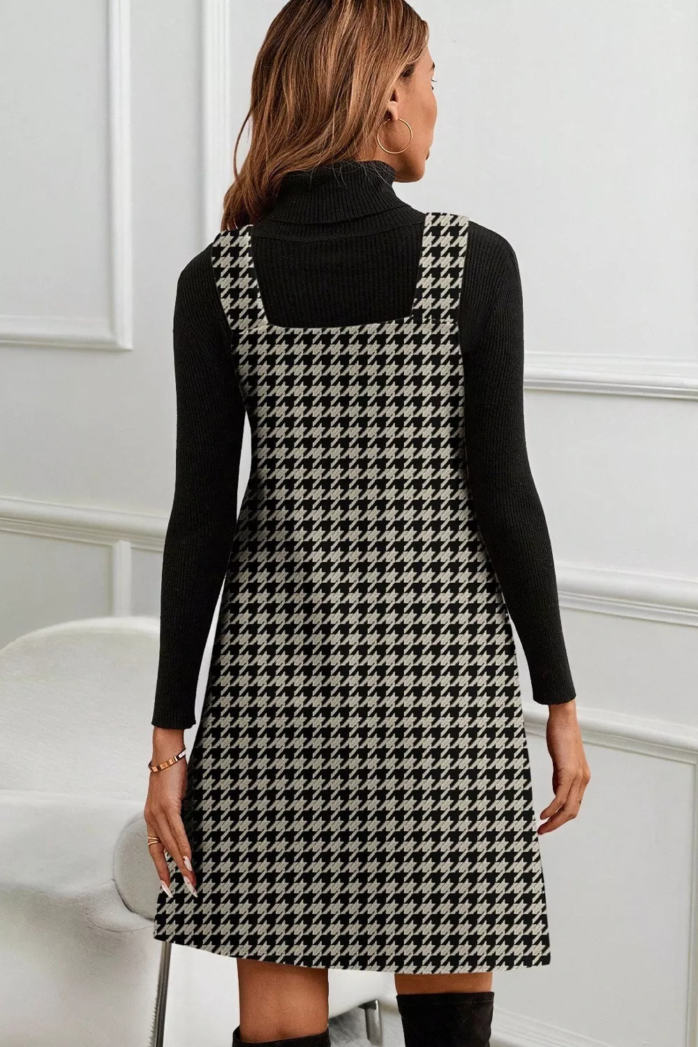 Houndstooth V-Neck Sleeveless Mini Dress, image 3