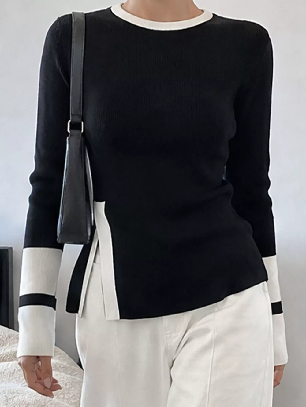Side Slit Contrast Trim Sweater, image 4