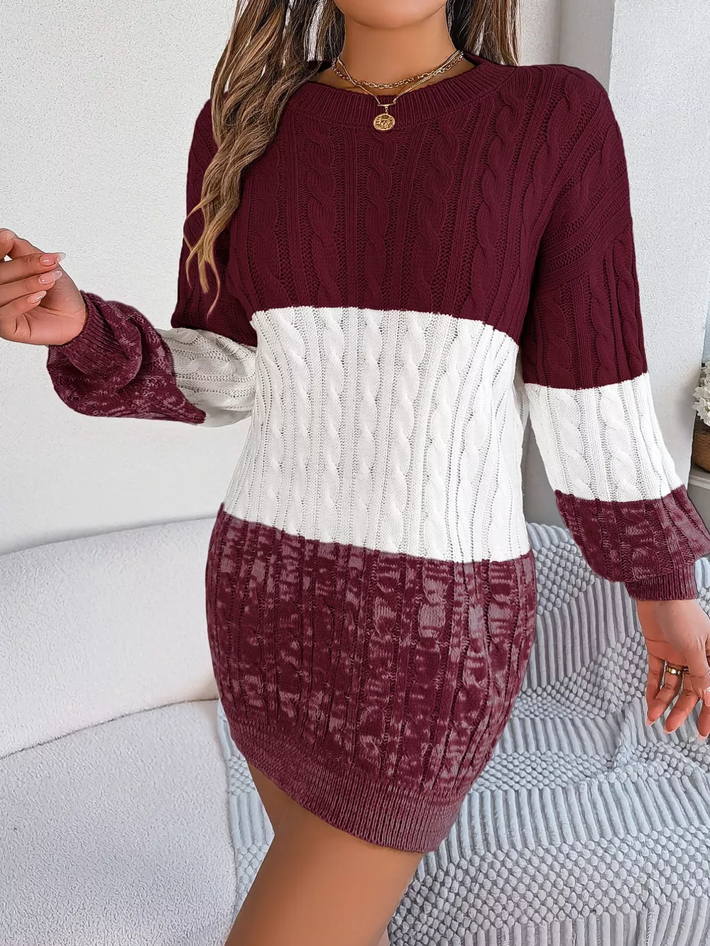 Color Block Cable Knit Sweater Dress with Textured Pattern, image 4