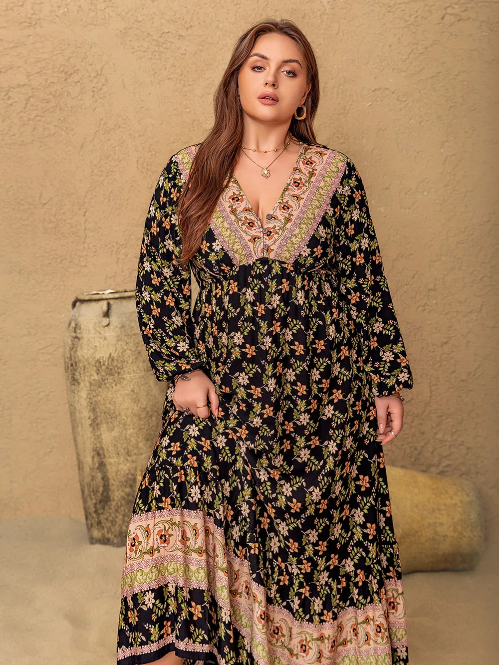 Plus Size Floral V-Neck Balloon Sleeve Dress, image 3