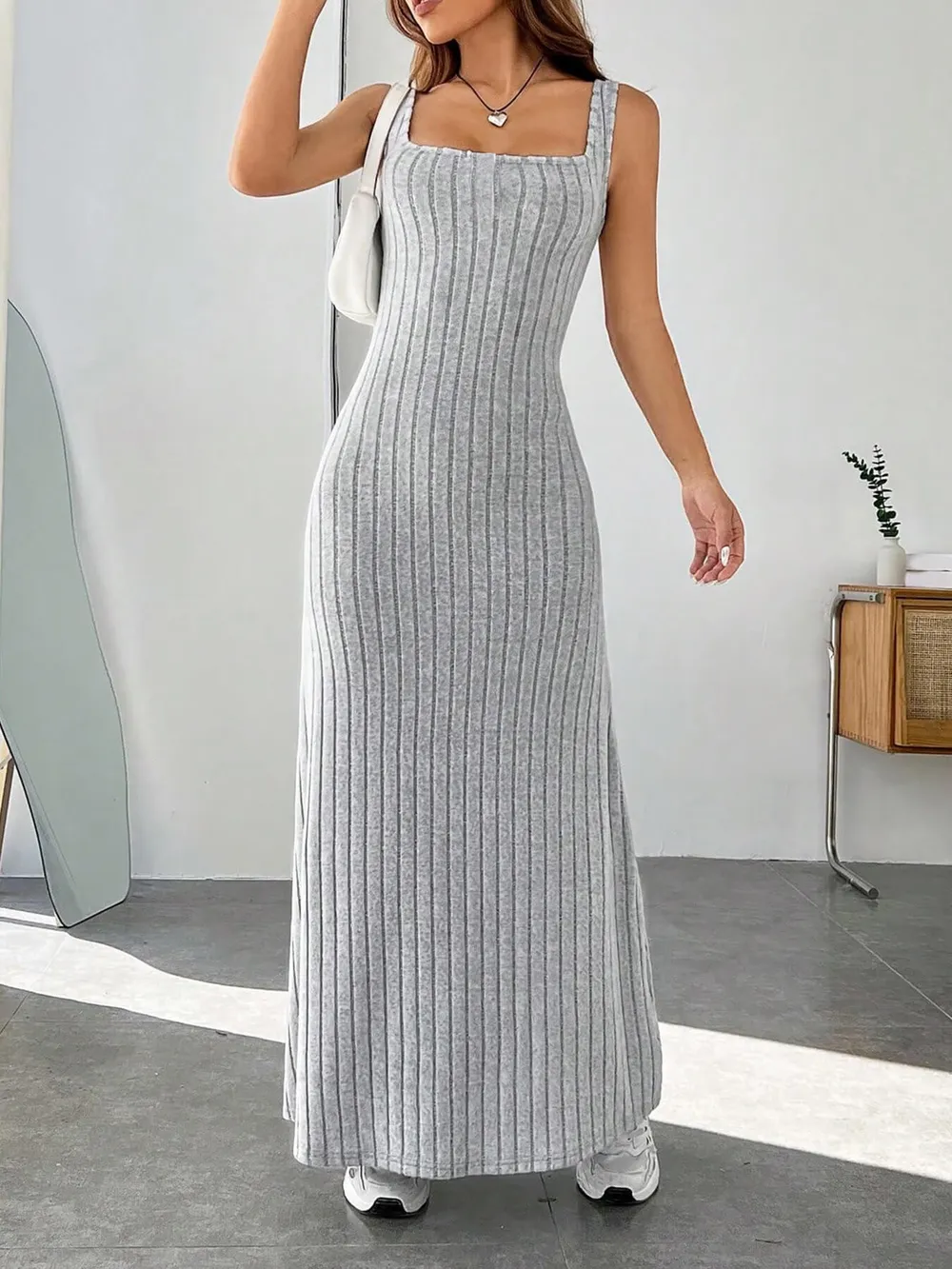 Ribbed Knit Square Neck Sleeveless Maxi Dress, image 7