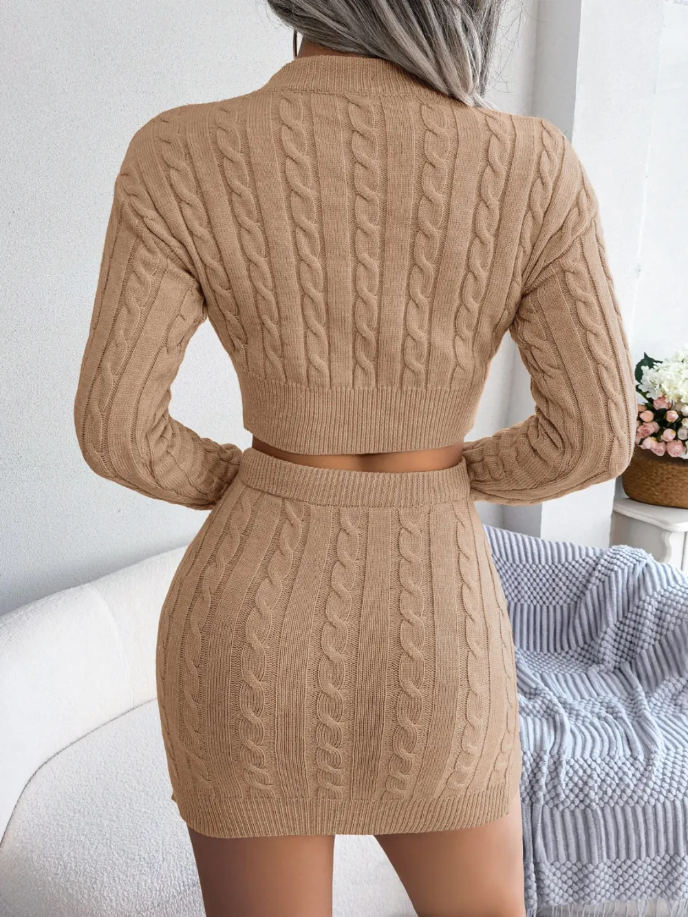 Cable-Knit Round Neck Top and Skirt Sweater Set, image 8