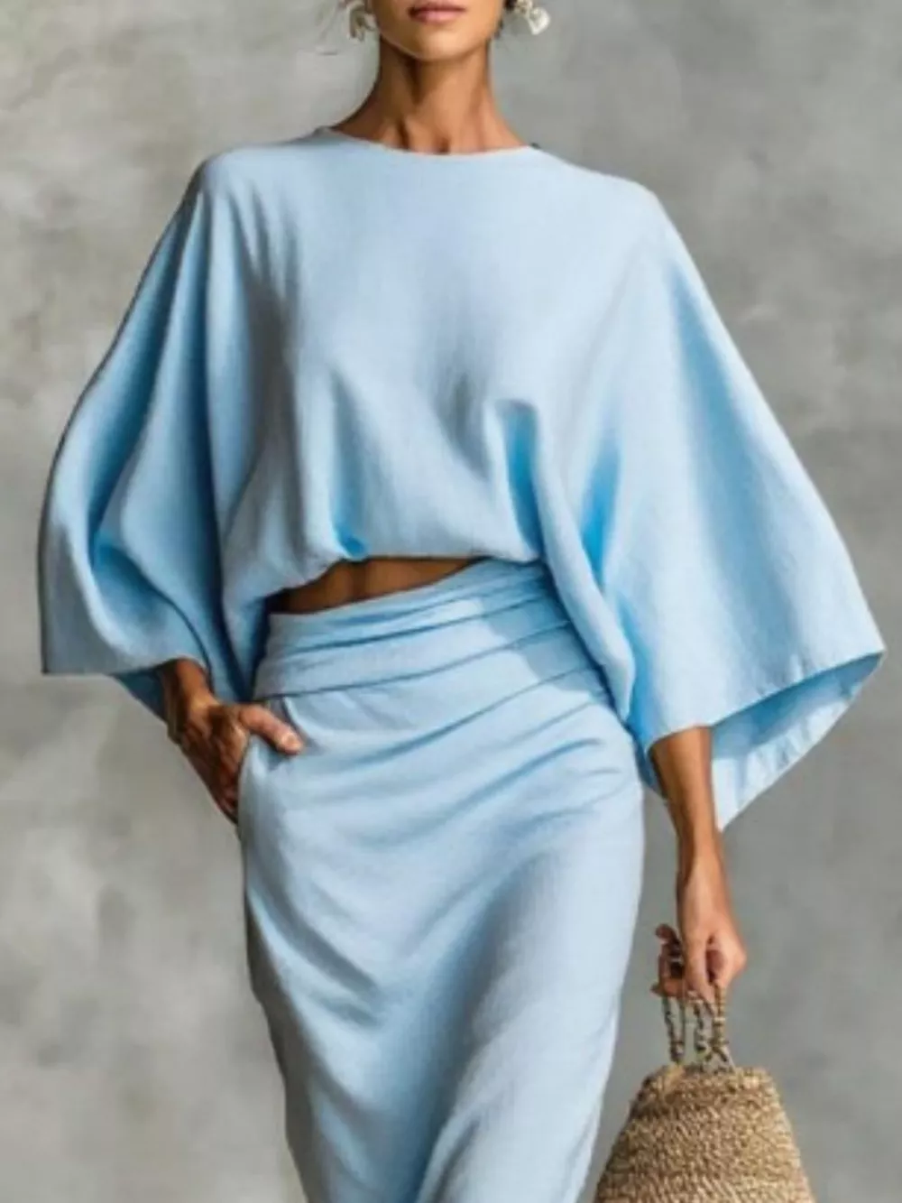 Full Size Kimono Sleeve Top and Ruched Skirt Set Plus Size, image 2