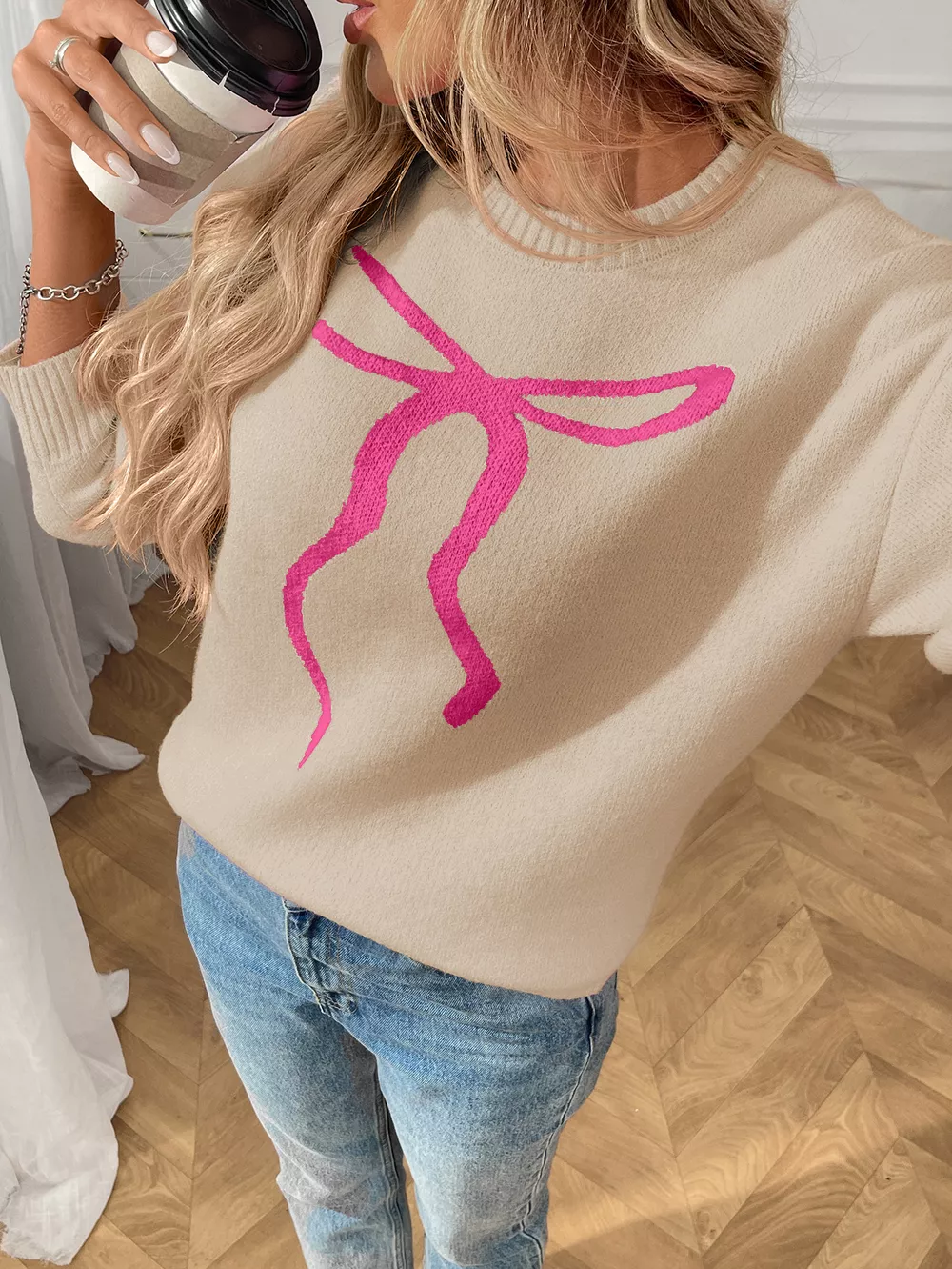 Bow Round Neck Long Sleeve Sweater, image 13
