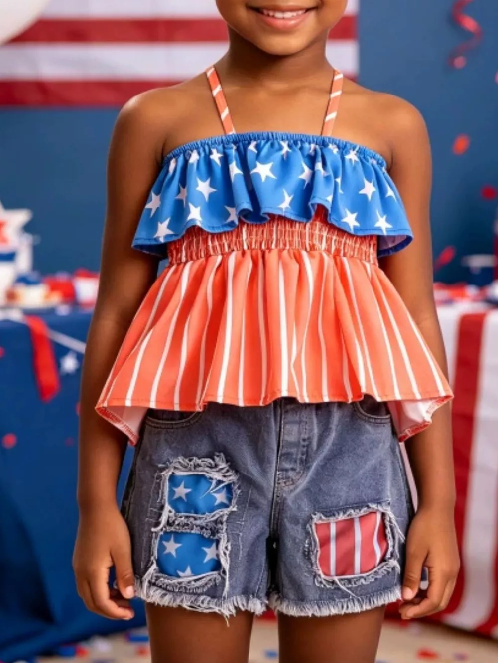 Children's Patriotic Star-Spangled Cami and Denim Shorts Set