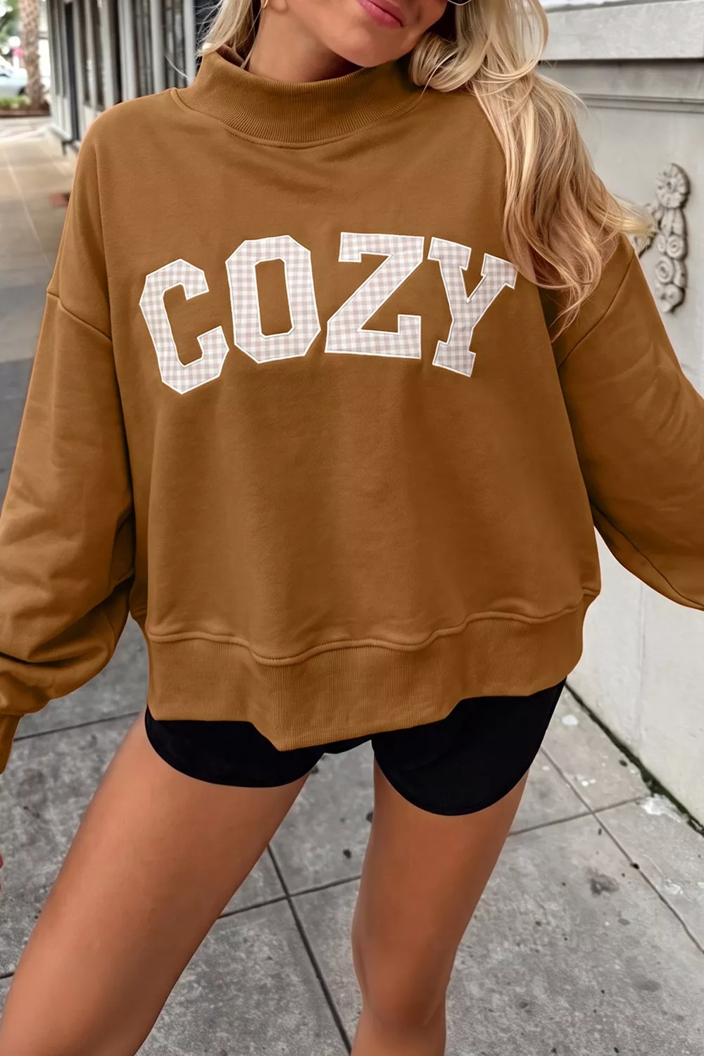 Gingham Letter Mock Neck Sweatshirt, image 3