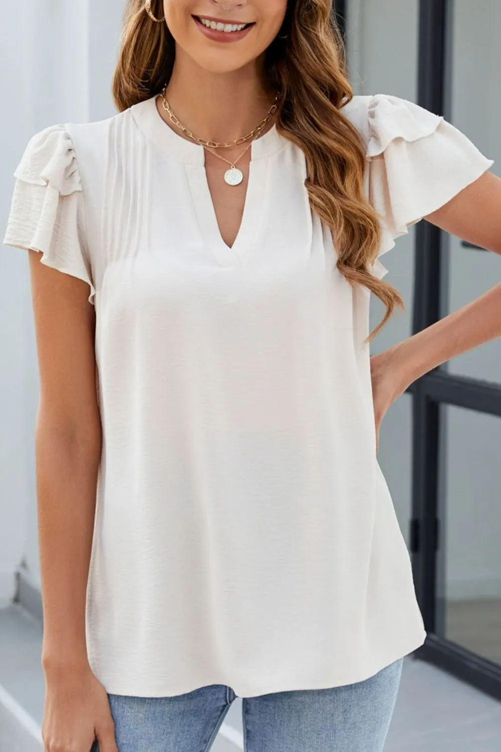 Ruffled Notched Short Sleeve Blouse, image 2
