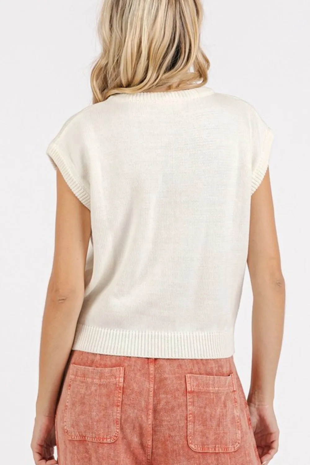 Contrast Letter Round Neck Cap Sleeve Knit Top, image 2