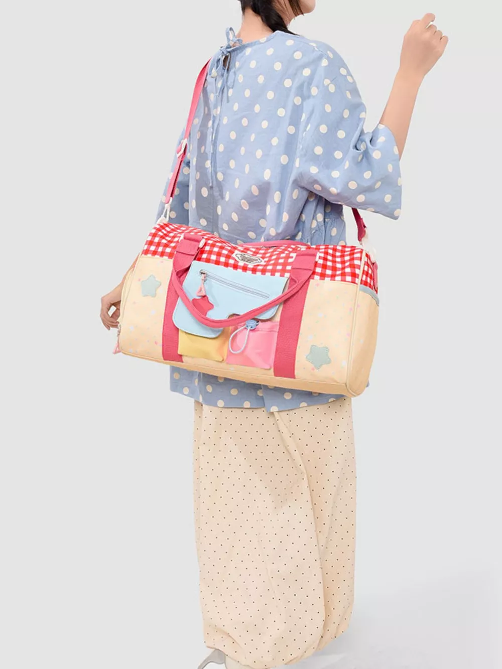 Gingham Duffel Bag with Multi-Pockets