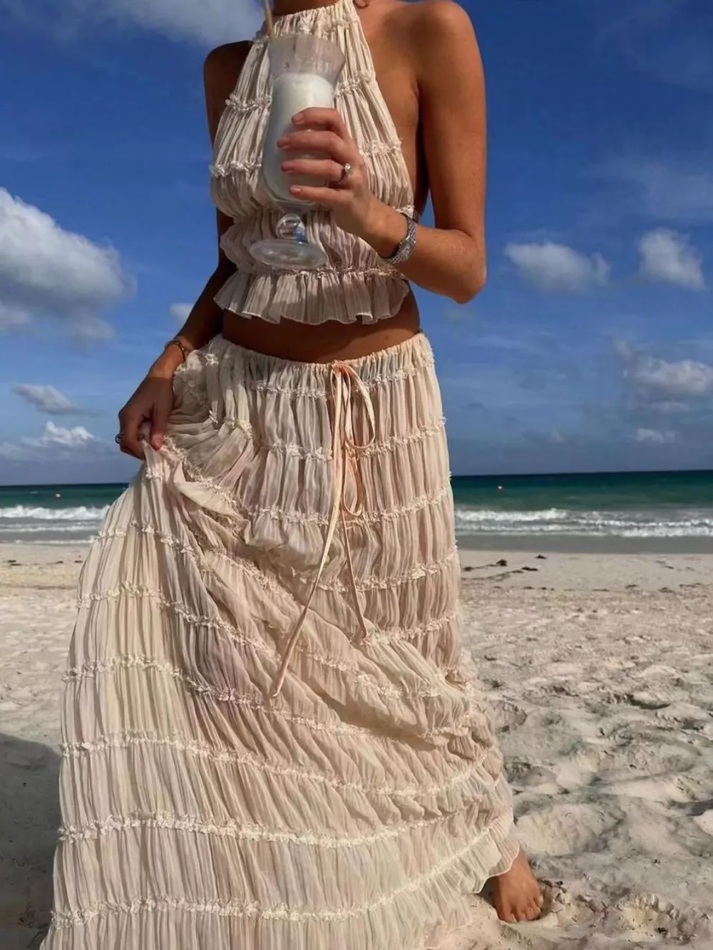 Boho Chic Ruffled Halter Crop Top and Maxi Skirt Set, image 2